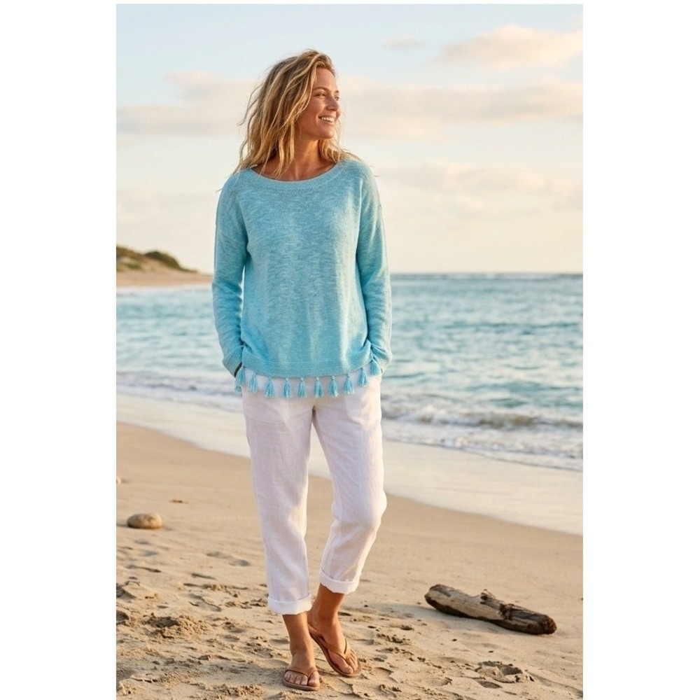 Lilly Pulitzer Sweater M Blue Tassel Hem Boat Neck Cotton Blend Coastal Preppy